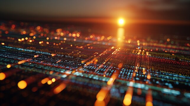 The vibrant binary data streams reflect the warm hues of the sunset, showcasing a blend of technology and nature. The sunset illuminates the shimmering data patterns across the sce