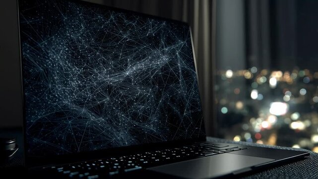 Late night work, A Laptop computer on a desk with a blurred city skyline at night, Technology 