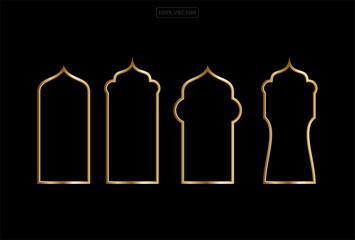 Islam frames. Arab, Indian, Turkish shapes set vector illustration.  golden frames of different shapes isolated on black background.