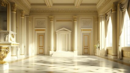 A luxurious, well-lit Neoclassical House Style interior of a grand hall featuring ornate columns, elegant drapes, and a polished marble floor - Powered by Adobe