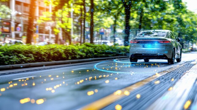 A modern car drives on a city road, surrounded by digital data streams and glowing particles, symbolizing advanced technology.