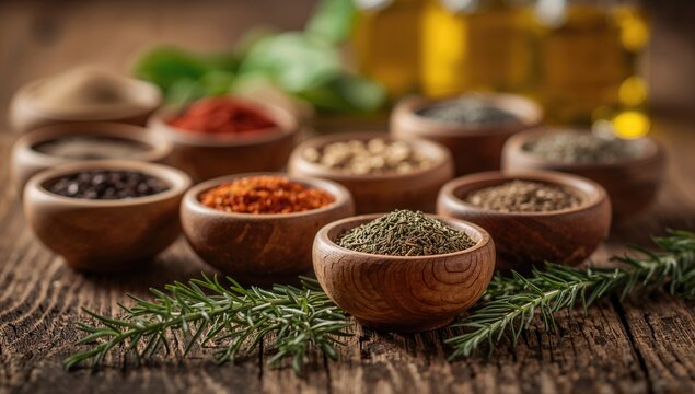 Herbs, spices, and oil arranged on a wooden surface, culinary creativity
