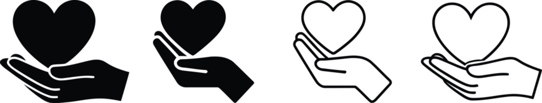 Heart in hand icons set. Hands holding heart icon. Love and Care icon.