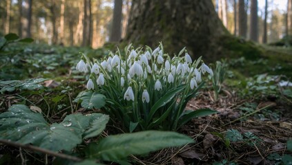 White snowdrop flowers represent the arrival of spring in a forest setting, seasonal change