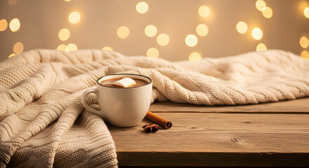 Cozy winter beverage served in a mug with marshmallows and cinnamon on a wooden table, with soft bokeh lights in the background