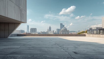 Fototapeta premium Concrete structure featuring a vacant cement surface and parking area, urban density