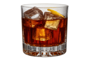 Whiskey cocktail with ice cubes and lemon peel, enjoying refreshing alcoholic beverage, transparent background