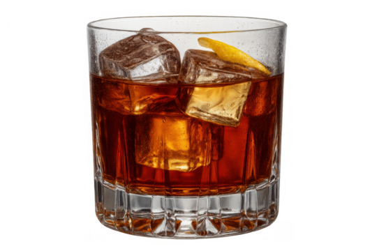 Whiskey cocktail with ice cubes and lemon peel, enjoying refreshing alcoholic beverage, transparent background