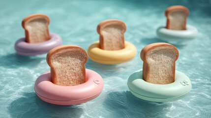 Thick bread slices floating on turquoise rings in a pool