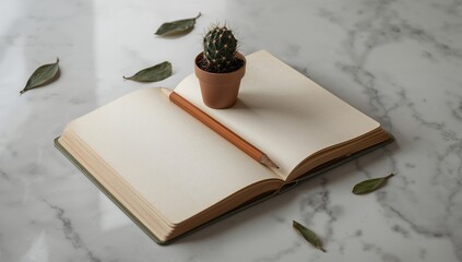 Open notebook featuring a cactus on a marble surface, ideal for editorial header background