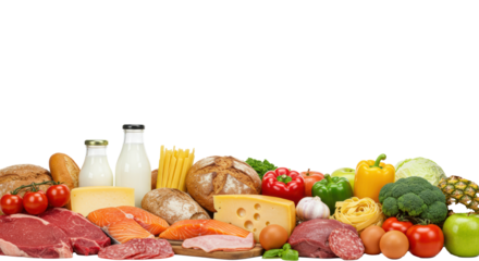 macro detail of marbled beef steaks, pink salmon, artisanal cheese, fresh produce, and milk arranged as a bottom border on a high-key white background, concept for high-quality food advertising