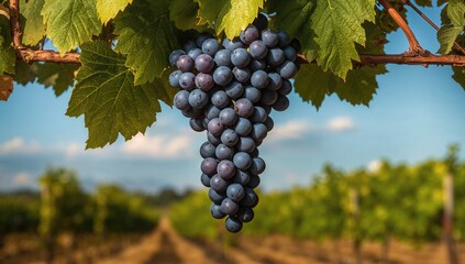 Fototapeta premium Juicy ripe wine grapes hanging on a vine in a farm setting, fiber-dense choice
