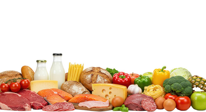 macro detail of marbled beef steaks, pink salmon, artisanal cheese, fresh produce, and milk arranged as a bottom border on a high-key white background, concept for high-quality food advertising