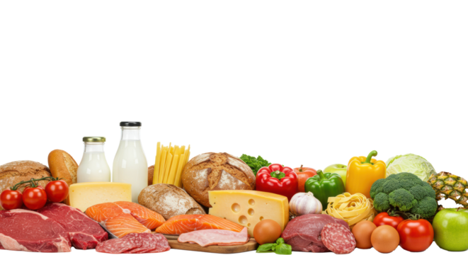 macro detail of marbled beef steaks, pink salmon, artisanal cheese, fresh produce, and milk arranged as a bottom border on a high-key white background, concept for high-quality food advertising