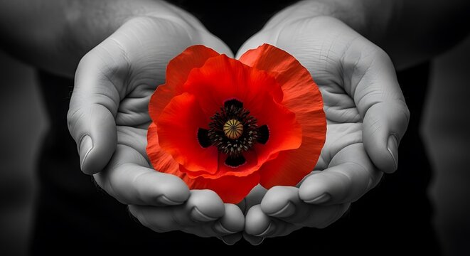 Red poppy held in cupped hands against black and white background flower
