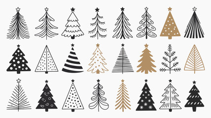 Collection of diverse hand-drawn christmas tree icons with stars, featuring outline, solid, and patterned holiday designs set