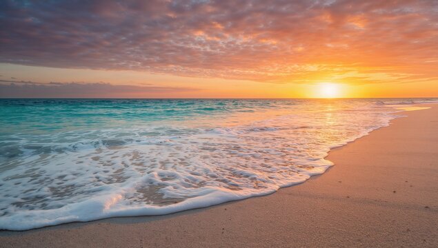 Waves crashing on sandy beach at sunset, ideal backdrop for relaxation and vacation planning