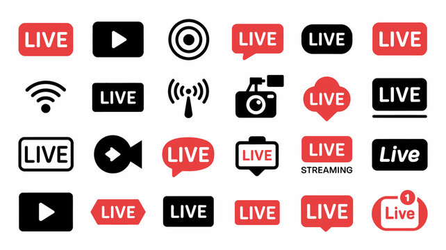 Collection of diverse live streaming and broadcast icons. video playback, recording, and wireless signal symbols for digital content creation.
