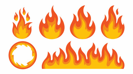 Collection of vibrant cartoon fire icons and elements, including individual flames, a fiery ring, and a dynamic fire border graphic design set.
