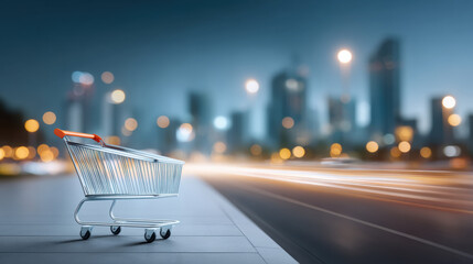 E commerc shopping cart on urban street at night with city lights and motion blur