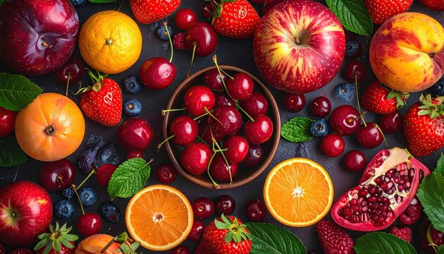 Assortment of Fresh Fruits Including Strawberries Cherries Oranges Apples and Pomegranates Artfully Arranged on a Dark Textured Surface with Vibrant Colors and Natural Lighting