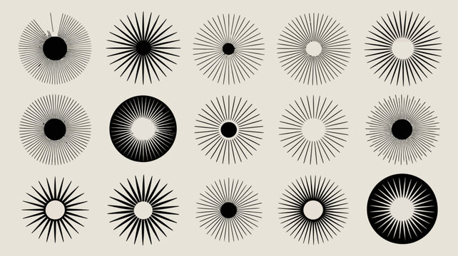 Collection of diverse minimalist sunburst and starburst radial line patterns, abstract geometric graphic elements for modern design projects