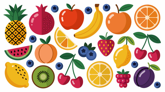 Colorful assortment of fresh tropical and temperate fruits in a vibrant flat design vector illustration, perfect for healthy eating concepts.