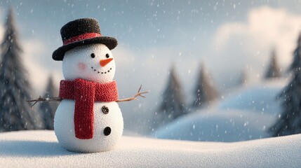 Obraz premium A cheerful snowman stands in a snowy landscape, wearing a black hat and red scarf, creating a festive scene