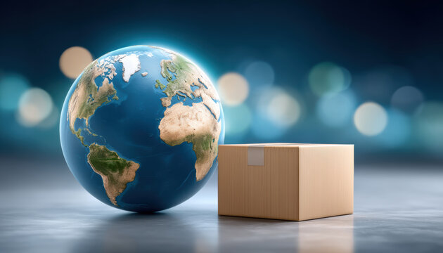 E commerc global shipping concept package beside earth globe modern logistics scene