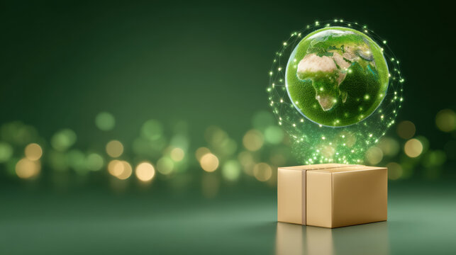 E commerc green globe emerging from packaged box glowing network connection sustainable delivery