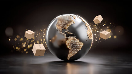 E commerc global shipping globe with glowing parcel icons delivering packages worldwide