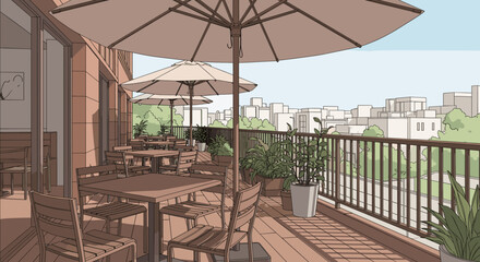 Serene rooftop cafe terrace with city views, inviting outdoor dining space, and a peaceful atmosphere perfect for relaxation and enjoying the urban landscape