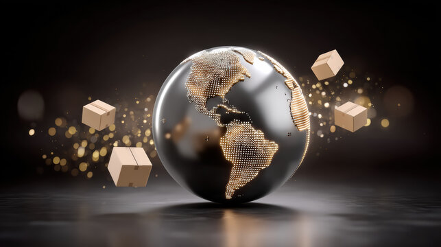 E commerc global shipping globe with glowing parcel icons delivering packages worldwide - Powered by Adobe