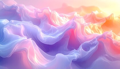 Dreamy Abstract Background with Soft, Flowing Pastel Waves of Ethereal Fabric, Illuminated by a Gentle Gradient of Vibrant Purple, Pink, and Golden Hues, Creating a Serene and Luxurious Texture