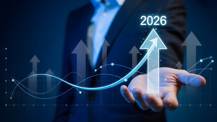 Projecting growth to 2026 with confident leadership, showing an upward arrow on a hand representing success, financial strategy, and a brighter future