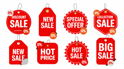 Collection of red discount sale tags, labels, and price stickers with various shapes for shopping, promotion, and retail marketing