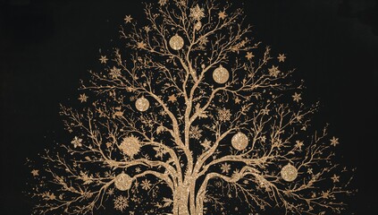 Silhouette of a Christmas tree composed of branches, ornaments, and snowflakes on a dark backdrop, festive decoration