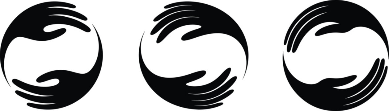 Set of Caring Hands Circle Logo. Minimalist black vector icons stylized hands forming a circular shape.