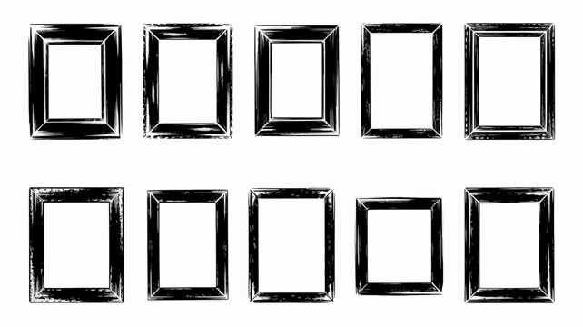 Abstract collection of ten distressed black grunge frames with artistic brushstroke texture on a clean white background, versatile design element.