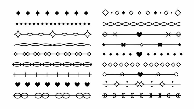 Set of diverse vector ornamental dividers with geometric shapes, elegant lines, and heart motifs for page separation and design.