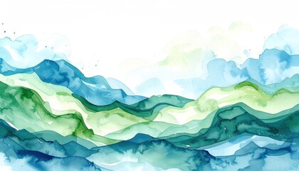 Abstract Watercolor Landscape with Rolling Hills in Shades of Blue and Green under a Bright Sky
