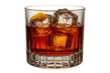 Old fashioned cocktail with ice cubes and orange peel creating refreshing bar drink transparent background