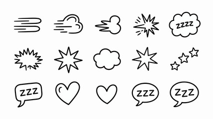 Hand drawn doodle comic element icon set. speed lines, explosion stars, sleep zzz bubbles, cloud, and heart symbols isolated