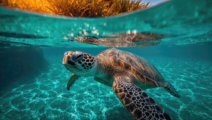 Sea turtle swimming in turquoise waters, showcasing marine life, awareness of ocean conservation