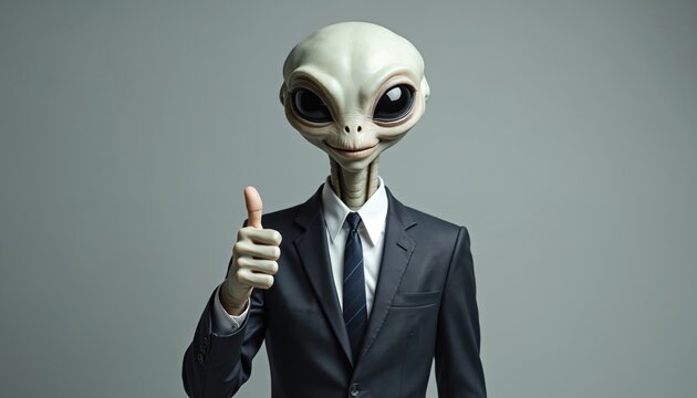 Alien in business suit gives thumbs up. Extraterrestrial creature wears formal clothes. Corporate alien with big eyes smiles and shows approval.