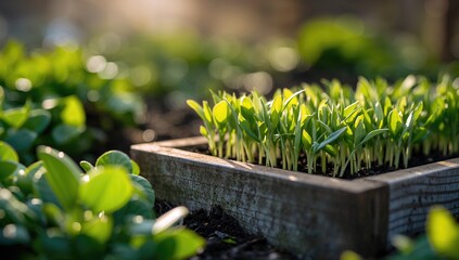 Spring seedlings emerging in garden boxes, symbolizing growth and renewal