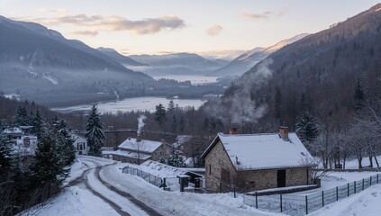 Scenic view of wintery mountainous villages, highlighting seasonal change