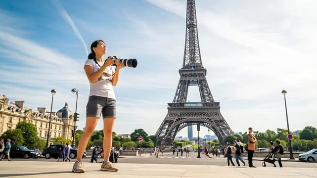 Woman photographs eiffel tower in paris, france, with a professional camera on a sunny day, capturing the iconic landmark with precision and passion.