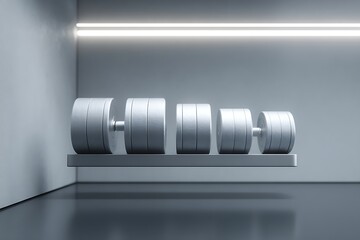 A set of free weights of different sizes, arranged neatly on a sleek gym rack, with soft lighting highlighting them