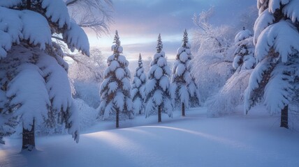 Dreamy winter wonderland scene with snow covered trees under pastel sky